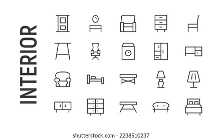 Vector set of interior thin line icons. Design of 20 stroke pictograms. Signs of interior isolated on a white background.
