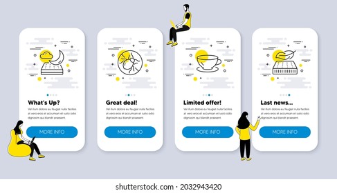 Vector Set of Interiors icons related to Bed bugs, Night mattress and Espresso icons. UI phone app screens with people. Lightweight mattress line symbols. Vector