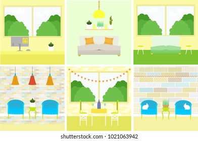 Vector set with interiors: tables, chairs, lightening