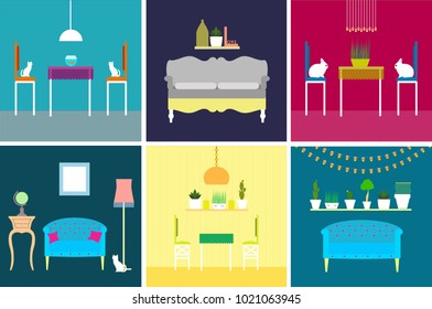 Vector set with interiors: tables, chairs, lightening