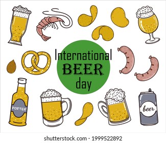 Vector set international beer day. Isolated illustrations of alcohol and snacks on a white background. Glass, bottle, can of beer. Chips, shrimps, sausages, pretzel. Flat style. Oktoberfest icons.