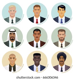 Vector set of international businessman faces. Attractive male avatars of various nations in the round frames. European, American, Asian, Arabian, Hispanic, Russian, Turkish, African and Indian types.