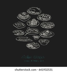 Vector set with international cuisine hand drawn doodles. Illustration for menus, recipes and packages product