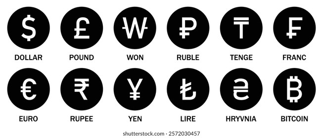 Vector set of international currency. Collection of currency icons. Popular currency sign symbol. World currency silhouette icons set isolated on a white background. Flat design. Vector illustration.