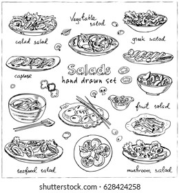 Vector set with international salads hand drawn doodles. Illustration for menus, recipes and packages product