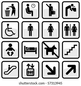 Vector set of international service signs. All objects and details are isolated and grouped. Color, background color and glare effect are easy to remove or adjust. Symbols are replaceable.