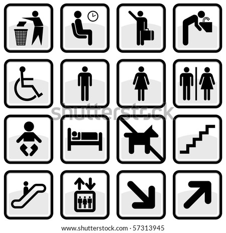 Vector set of international service signs. All objects and details are isolated and grouped. Color, background color and glare effect are easy to remove or adjust. Symbols are replaceable.