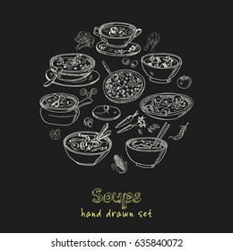 Vector set with international soups hand drawn doodles. Illustration for menus, recipes and packages product