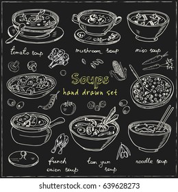 Vector set with international soups hand drawn doodles. Illustration for menus, recipes and packages product