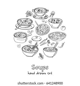 Vector set with international soups hand drawn doodles. Illustration for menus, recipes and packages product