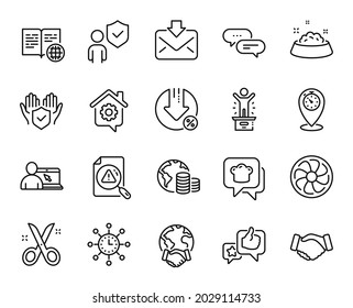 Vector set of Internet book, Loan percent and Timer line icons set. Security, Search document and Fan engine icons. Incoming mail, Winner podium and World time signs. Internet book web symbol. Vector