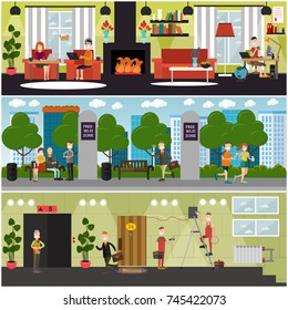 Vector set of internet posters, banners. Free WI-FI zone in park, home Wi-Fi network and internet installing services concept flat style design elements.