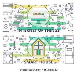 Vector set of Internet of things and Smart House concept banners. Modern thin line flat design elements for web, marketing, presentation and printing.