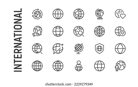 Vector set of internetional thin line icons. Design of 20 stroke pictograms. Signs of internetional isolated on a white background.