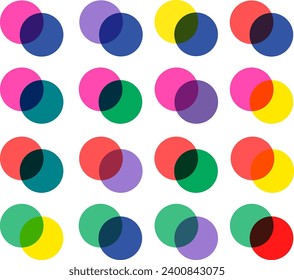 Vector set of intersected colorful circles riso print effect isolated on white background