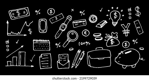 Vector set of investment financial and banking services. Money drawn in a doodle style, profit growth charts, briefcase, documents, idea, watch, pen, piggy bank, isolated white outline on a blackboard