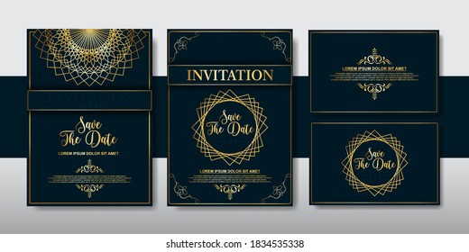 Vector set of invitation card with gold colored flowers. Luxurious design