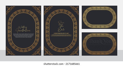 Vector set of invitation card with gold colored flowers. Luxurious design