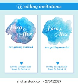 Vector Set Of Invitation Cards With Blue Watercolor  Design Element. Wedding Watercolor Invitation Template