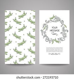 Vector set of invitation cards with cartoon peas and calligraphic elements. Floral card  collection