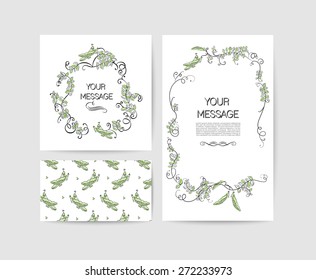 Vector set of invitation cards with cartoon peas and calligraphic elements. Floral card  collection