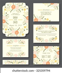 Vector set of invitation cards with floral wreath and elegant background. Vintage cards or wedding invitations. Wedding collection