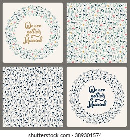 Vector set of invitation cards with floral elements, calligraphic letters and pattern. Wedding collection in one style.