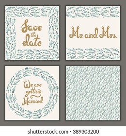 Vector set of invitation cards with floral elements, calligraphic letters and pattern. Wedding collection in one style.