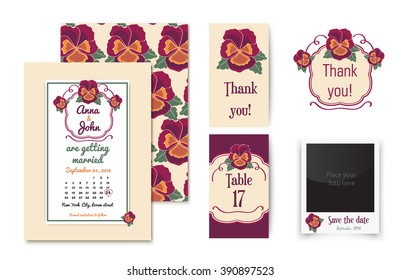 Vector set of invitation cards with floral badge and elegant background. Wedding collection with invitations, thank you card, table number card and photo frame