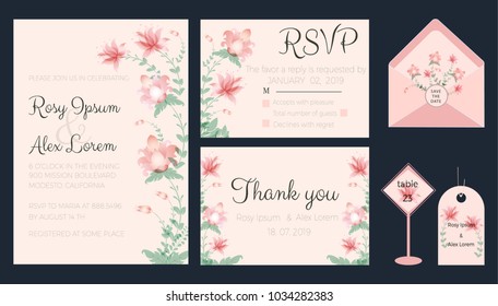 Vector set of invitation cards with flowers elements Wedding collection