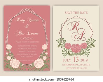 Vector set of invitation cards with flowers elements Wedding collection,RSVP,thankyou.