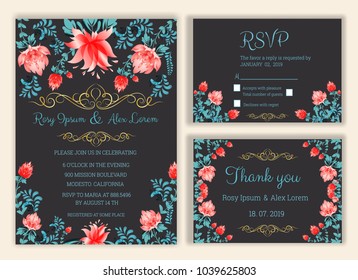 Vector set of invitation cards with flowers elements Wedding collection,RSVP,thankyou.