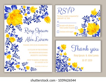 Vector set of invitation cards with flowers elements Wedding collection,RSVP,thankyou.
