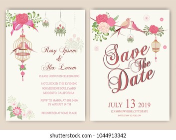 Vector set of invitation cards with flowers elements Wedding collection
