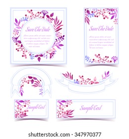 Conjunto vectorial de tarjetas de invitación y cintas con elementos florales.