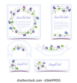 Vector set of invitation cards and ribbons with floral elements. Sweet pea.