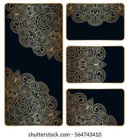 Vector set of invitation cards with vintage floral gold ornament.