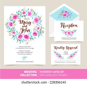 Vector set of invitation cards with watercolor elements. Wedding collection