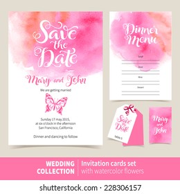 Vector set of invitation cards with watercolor elements. Wedding collection