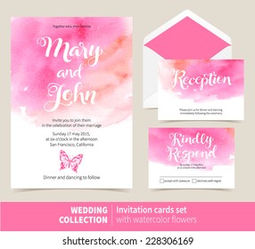 Conjunto vectorial de tarjetas de invitación con elementos acuarelas. Colección de bodas
