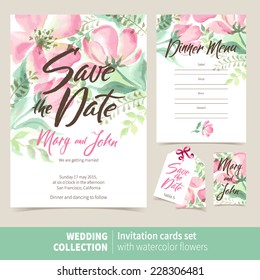 Vector set of invitation cards with watercolor elements. Wedding collection