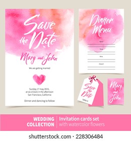 Vector Set Of Invitation Cards With Watercolor Elements. Wedding Collection