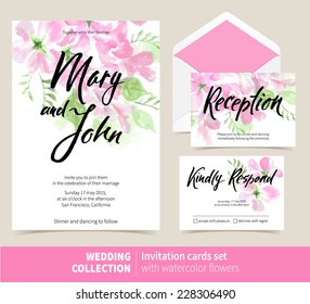 Vector set of invitation cards with watercolor elements. Wedding collection