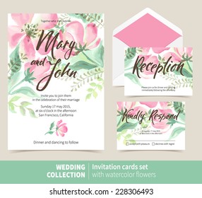Vector set of invitation cards with watercolor elements. Wedding collection