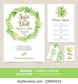 Vector set of invitation cards with watercolor elements. Wedding collection