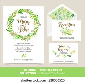 Vector set of invitation cards with watercolor elements. Wedding collection