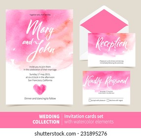 Vector set of invitation cards with watercolor elements. Wedding collection