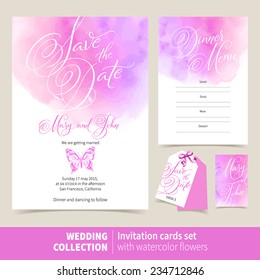 Vector set of invitation cards with watercolor elements. Wedding collection