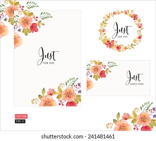 Vector Set Of Invitation Cards With Watercolor Flowers Elements And Calligraphic Letters. Wedding Collection