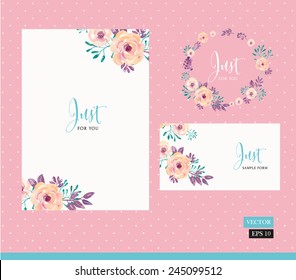 Vector set of invitation cards with watercolor flowers elements and calligraphic letters. Wedding collection